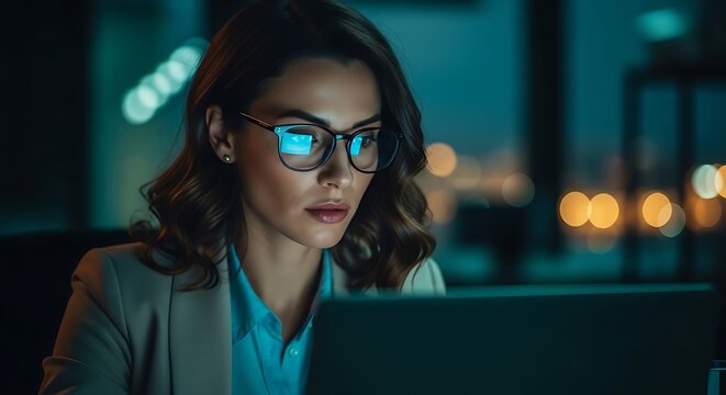 Businesswoman wearing glasses working late on laptop computer in dark office with blue screen light reflection and city bokeh background lights