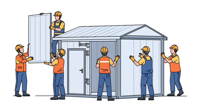 Team Construction: A group of construction workers in safety gear diligently erect a building