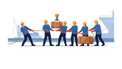 Fototapeta premium Teamwork in Logistics: A team of construction workers is working together with a crane to lift wooden boxes, showcasing the efficiency of their teamwork in the logistics industry.