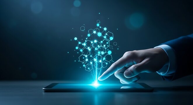 Hand touching digital tablet screen showing glowing network connection and hexagon data interface for cyber security and cloud computing solutions