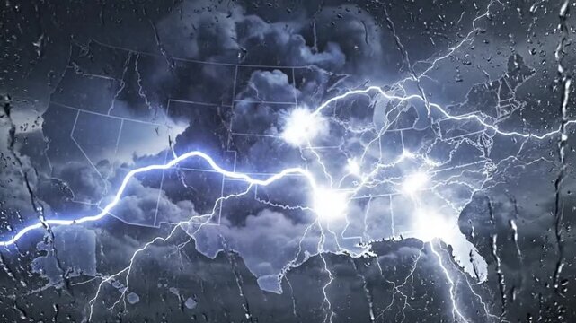 Lightning Storm Over United States Map with Rain Drops on Glass.