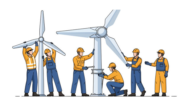 Wind Turbine Installation: A team of dedicated engineers and technicians collaborate to erect a modern wind turbine, showcasing sustainable energy solutions and engineering