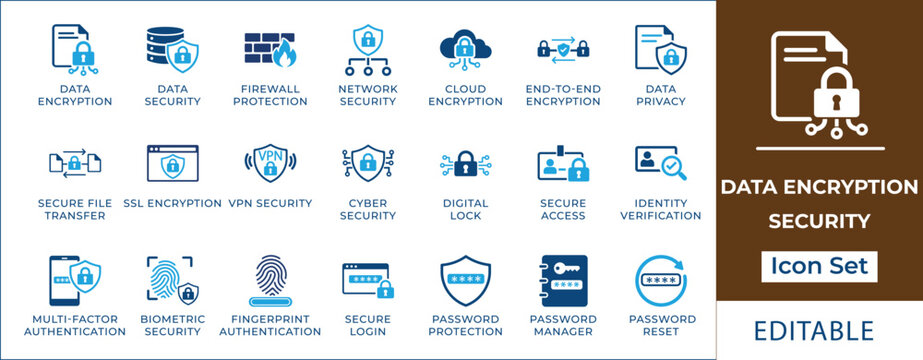 Data encryption and security icon set featuring SSL encryption, VPN safety, multi-factor authentication, biometric security, digital lock, and identity verification symbols.