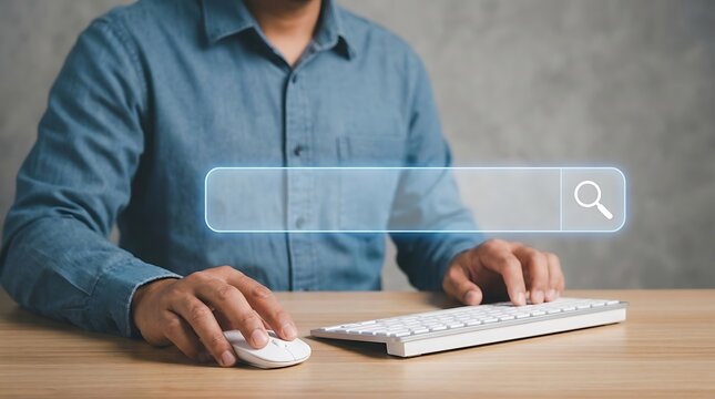 Person using a computer keyboard and mouse to perform an internet search