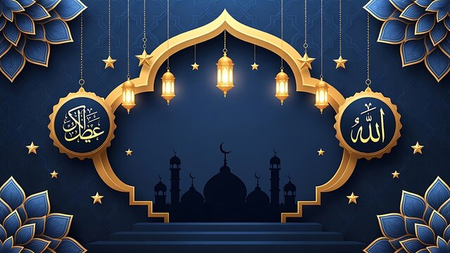 Elegant Islamic Design with Golden Arch and Mosque Silhouette.