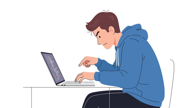 Young man with poor posture intensely typing on laptop. Coding, remote work, or study. Ergonomics and screen time concept.
