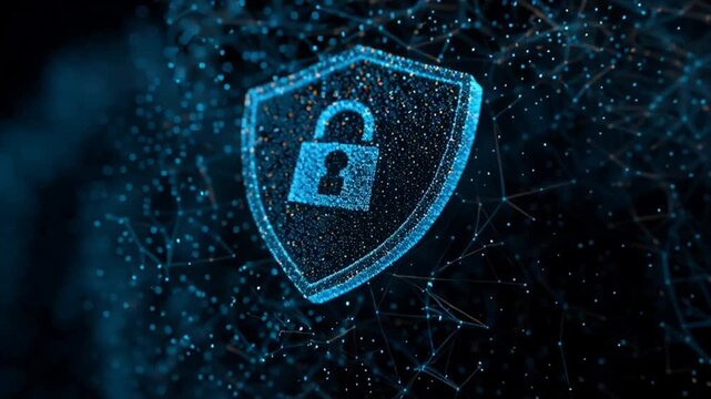 Digital illustration of a blue shield icon with a padlock on a dark background with network connections and a futuristic feel.