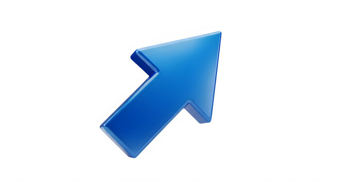 A glossy bright blue arrow pointing upwards and to the right rendered in 3d on transparent background high-quality professional detailed modern elegant stylish clean crisp