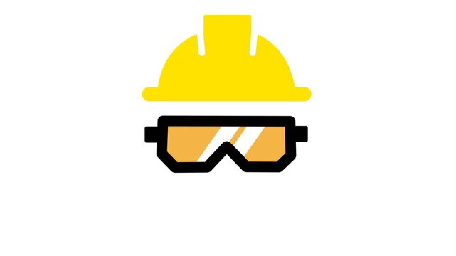​Animated yellow construction hard hat and safety goggles icon with lens reflection on white background