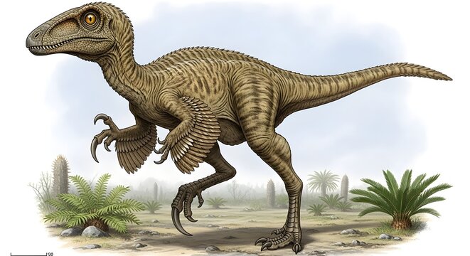 A scientific profile drawing of a feathered dinosaur with large claws and striped plumage standing on dry ground