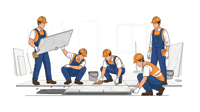 Construction Crew at Work: A construction crew of skilled workers is actively engaged in the process of laying floor tiles at a construction site.