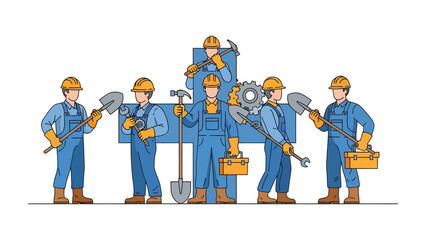 Building a Better Tomorrow: A unified construction team stands together with tools in hand, symbolizing collaboration, dedication, and the creation of progress. © FARHANA