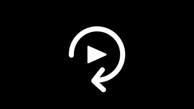 A minimalist white circular arrow icon with a play button sits in the center of a black frame symbolizing a quick reset or loop for video content