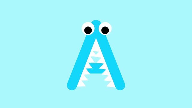 An abstract light blue letter A is stylized with sharp white teeth and large expressive eyes to resemble a friendly shark for educational content