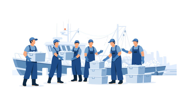Maritime Labor: Illustrative portrayal of dockworkers engaged in loading activities near the ship. A scene capturing collaborative efforts in a maritime setting