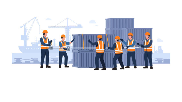 Maritime Logistics: A coordinated team of port workers orchestrates the loading and unloading of cargo containers, symbolizing global trade and industry efficiency.