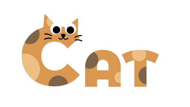 The word cat is displayed using a letter C shaped like a calico feline followed by simple tan block letters for an engaging educational visual aid
