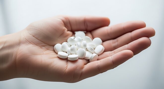 Handful of White Pills - Medication and Healthcare Concept.