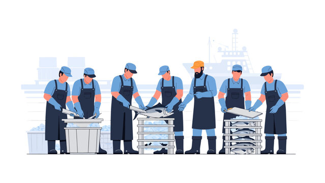 Artisan Fish Processing: A team of skilled workers meticulously processes fresh fish within a modern facility, focusing on precision, hygiene, and the production of quality seafood.