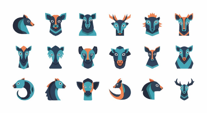Colorful animal heads in rows.
