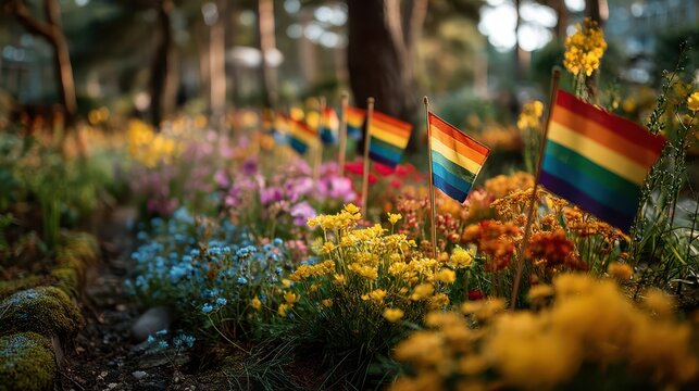 Rainbow pride flags among colorful flowers in a vibrant garden setting, symbolizing diversity and inclusivity.