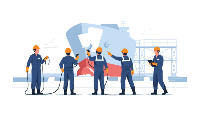 Shipyard Harmony: A team of skilled workers collaborates on a colossal ship, the scene exudes precision and unity within the marine industry.