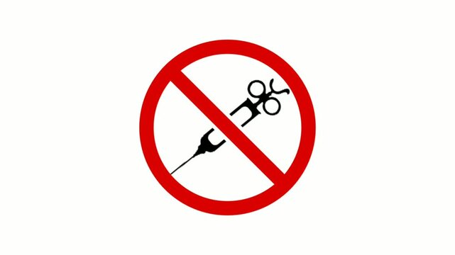 Animated no syringe sign icon showing a medical injection crossed by a red prohibition symbol, representing no vaccine, no injection, or restriction warning in healthcare and safety contexts.