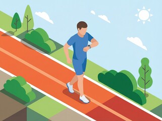 Fototapeta premium Isometric illustration of a man engaging in outdoor sport activity on a sunny track