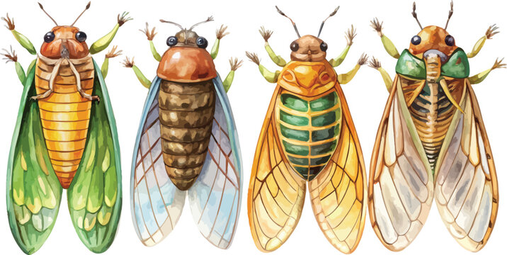 Cicada Watercolor, Singing Insect Clipart, Isolated Vector Illustration