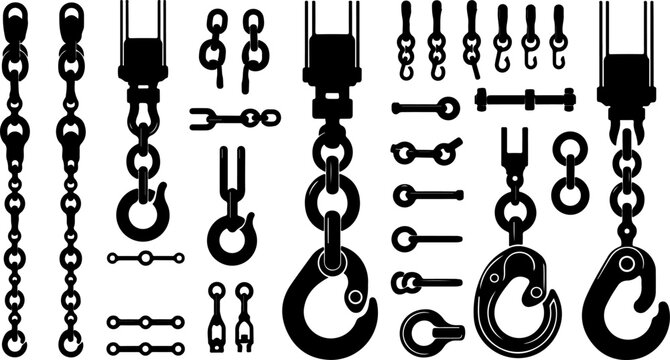 Heavy industrial crane hooks with metal steel chains and rigging hardware accessories collection set in black minimalist vector silhouette style isolated on white background 