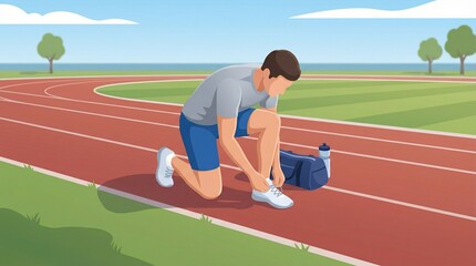 Fototapeta premium Young man preparing for a sport event, tying shoelaces on an outdoor track