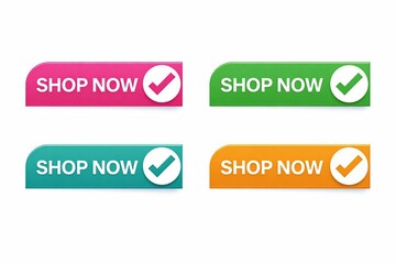 Fototapeta premium Colorful shop now buttons with checkmark icons for online purchasing