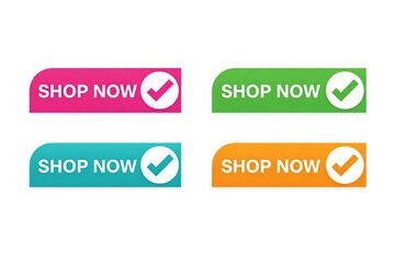 Fototapeta premium Colorful shop now buttons with checkmark icons for promotional use