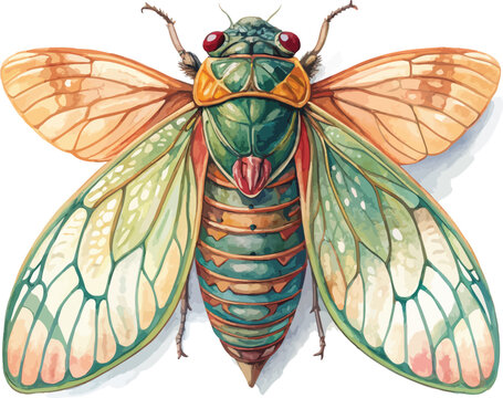 Watercolor Cicada Illustration, Summer Singing Insect Art, isolated on white background
