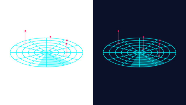 Tactical radar dome with cyan wireframe grid and central scan beam on split light and dark backgrounds for surveillance systems, defense technology, targeting interfaces and sci fi dashboards