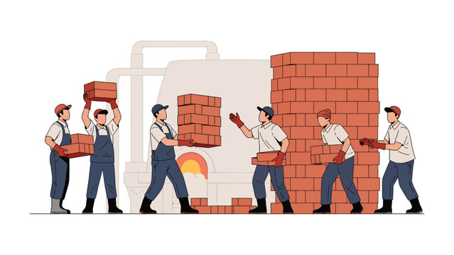 Building Harmony: Construction workers collaborating to build a brick structure, symbolizing teamwork and the creation of something new.