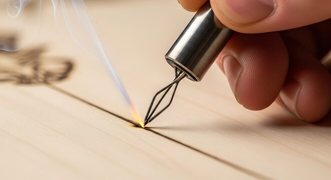 Precision wood burning art with pyrography pen creating detailed designs