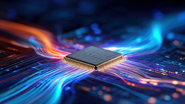 CPU Chip with glowing cables, processor, data, technology, microchip