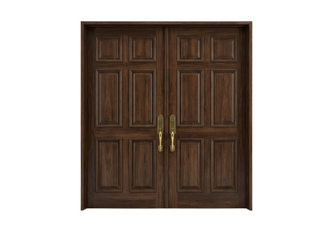 Elegant dark walnut double doors featuring golden handles and intricate wood isolated transparent background image