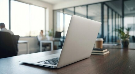 Naklejka premium Open laptop computer on desk with blurred office workers background