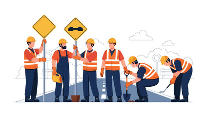 Obraz premium Road Construction Team: A dedicated team of road construction workers diligently at a roadway, ensuring smooth and safe passage for all travelers. Symbolizing progress and infrastructural development