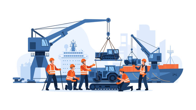 Loading Goods: A dynamic scene of dockworkers and heavy machinery, orchestrating the loading of cargo onto a ship, showcasing the synergy of industry and transport. 