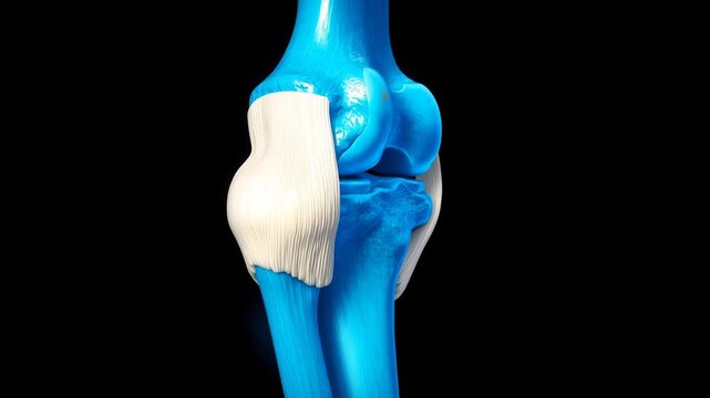 3D medical animation of a rotating human knee joint. Features a glowing neon blue skeleton with highlighted bright red Medial and Lateral Collateral Ligaments (MCL & LCL) in a futuristic X-ray style.
