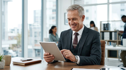 Fototapeta premium A smiling, mature businessman sits at a wooden desk in a modern office. He is holding a tablet and looking at it with a pleased expression.