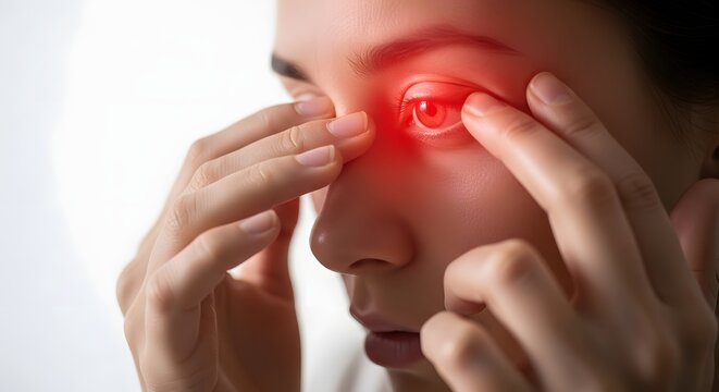 Woman suffering from painful red eye, irritation, or allergy. Eye inflammation and discomfort concept.