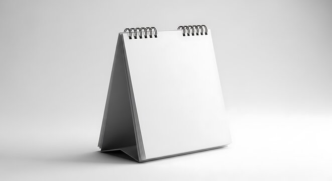 Blank desk calendar mockup with white spiral binding stands on a clean grey surface for corporate schedule planning and organization reminders