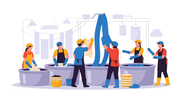 Textile Factory Workers at Work: Illustrative depiction of dedicated textile factory workers engaged in dyeing and washing fabric, showcasing meticulous craft and industrial processes.