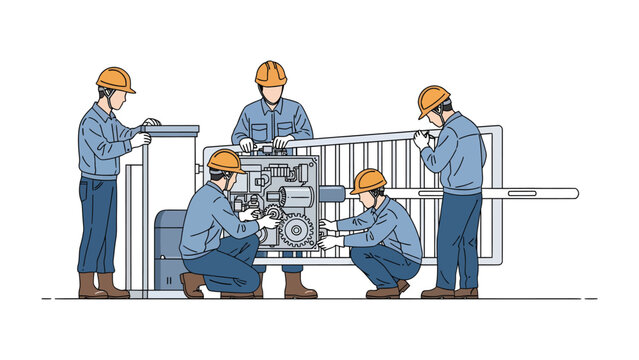 The Engine's Assembly: A group of skilled workers, clad in safety attire, collaborate diligently to assemble an industrial engine, showcasing precision and teamwork. 