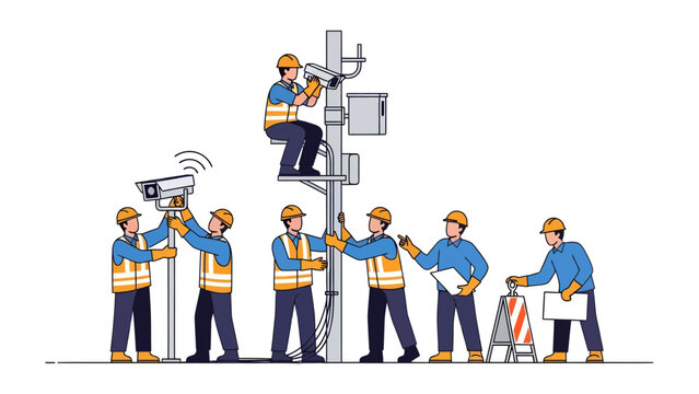 Security System Installation: A team of skilled technicians meticulously install a sophisticated security system, demonstrating precision and expertise in their work. 