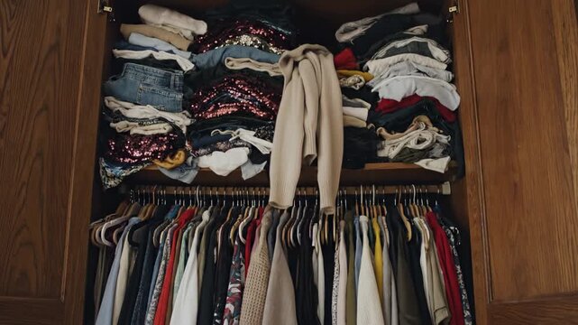 A full closet with clothes neatly organized on hangers and folded on shelves.